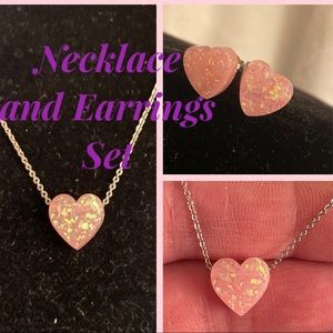 SILVERTONE PINK ACRYLIC HEART NECKLACE/EARRING SET